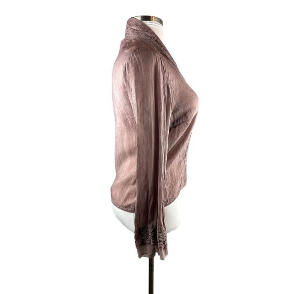 Johnny Was Embroidered Button Blouse Boho Crinkle Cotton Rayon Top Mauve Small - Picture 4 of 12